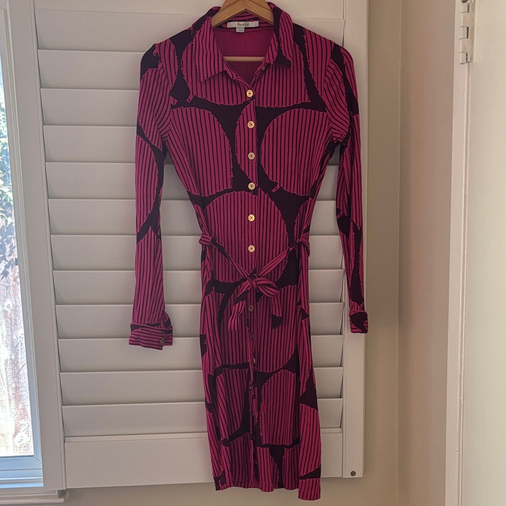 BODEN Anthropologie Mod Retro Print Belted Gold Button Shirt Dress US 6L